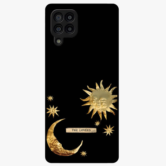 Golden Celestial Charm Glass Case showing flat back view with golden celestial charm artwork and glossy glass finish.