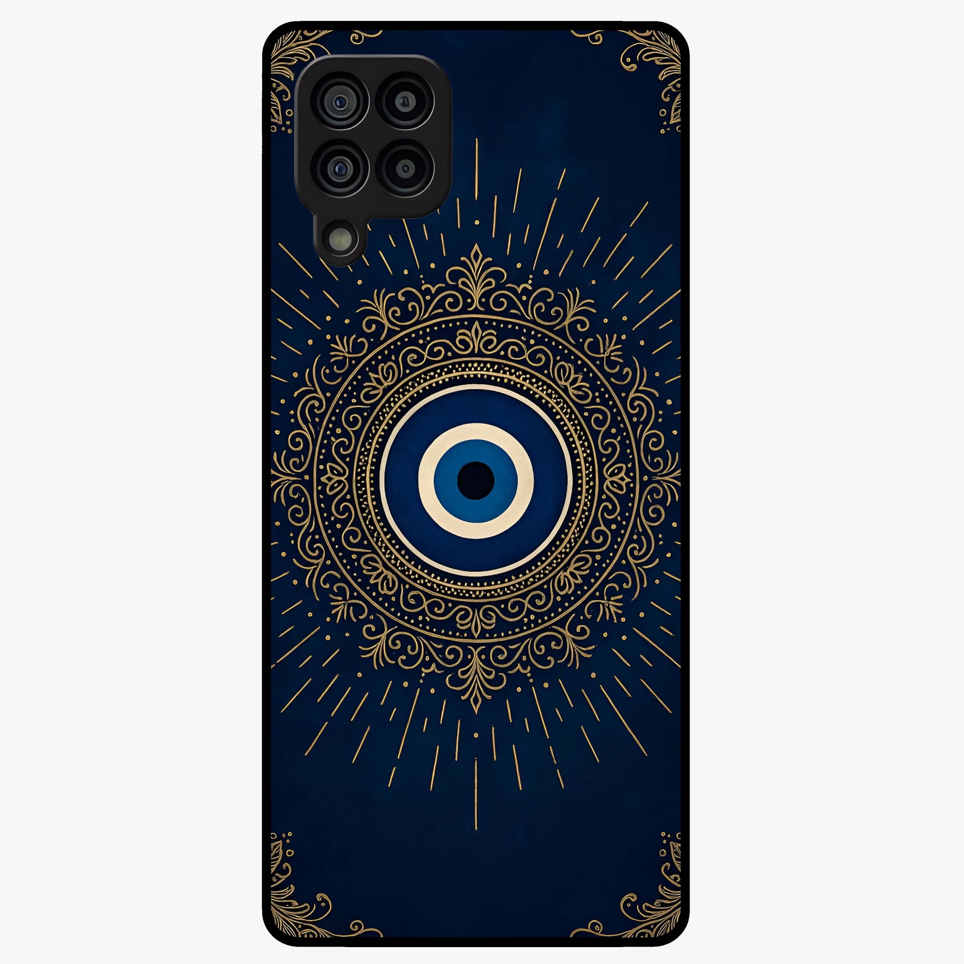 Golden Evil Eye Mandala Glass Case showing flat back view with intricate evil eye mandala artwork and glossy glass finish.