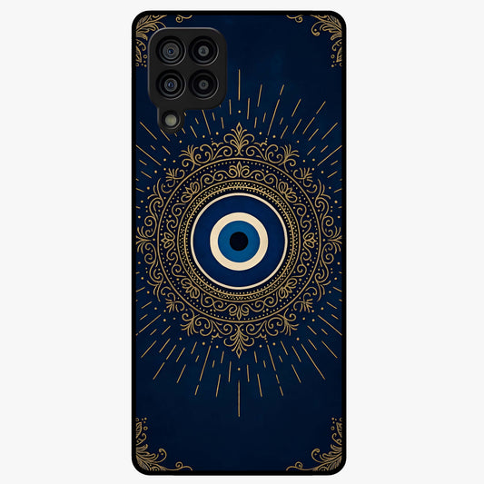 Golden Evil Eye Mandala Glass Case showing flat back view with intricate evil eye mandala artwork and glossy glass finish.