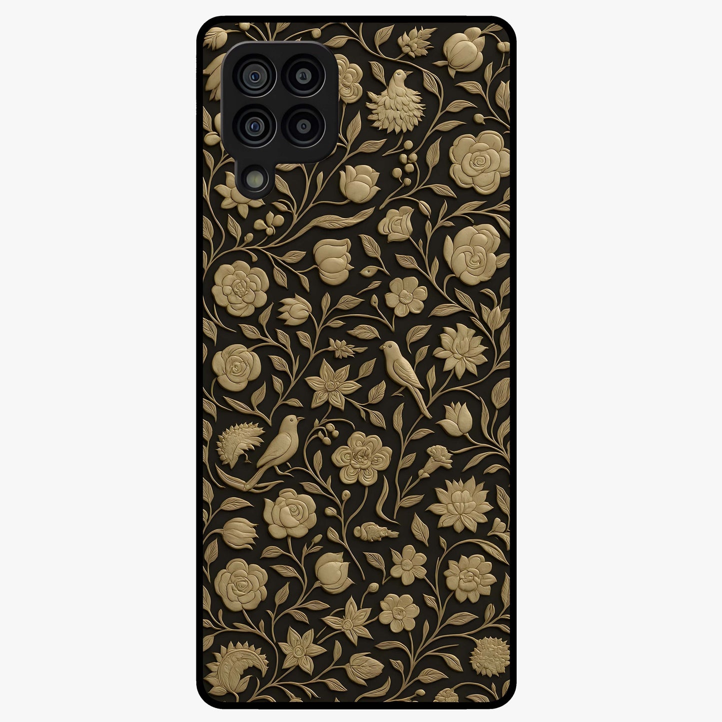 Golden Floral Majesty Glass Case showing flat back view with luxurious golden floral artwork and glossy glass finish.