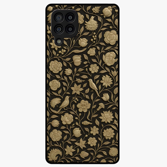 Golden Floral Majesty Glass Case showing flat back view with luxurious golden floral artwork and glossy glass finish.