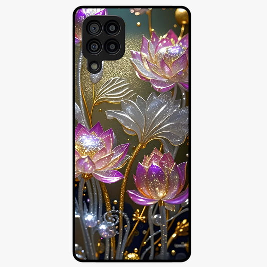 Golden Lotus Glow Glass Case showing flat back view with glowing lotus flower artwork and glossy glass finish.