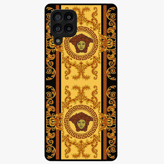 Golden Royal Heritage Glass Case showing flat back view with ornate royal pattern artwork and glossy glass finish.