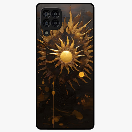Golden Sun Majesty Glass Case showing flat back view with radiant golden sun artwork and glossy glass finish.