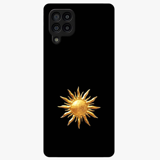 Golden Sun Minimalism Glass Case showing flat back view with minimal golden sun artwork and glossy glass finish.