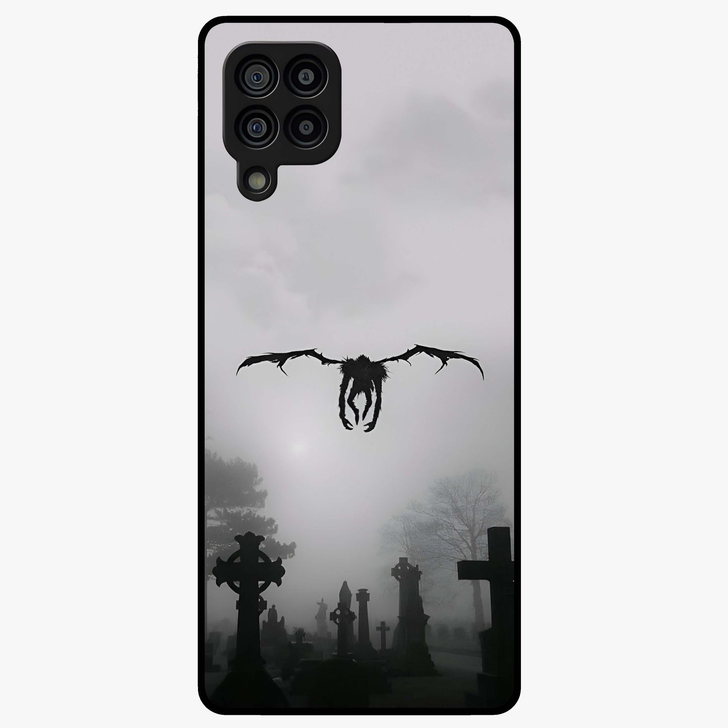 Graveyard Shadow Descent Glass Case showing flat back view with dark graveyard themed artwork and glossy glass finish.