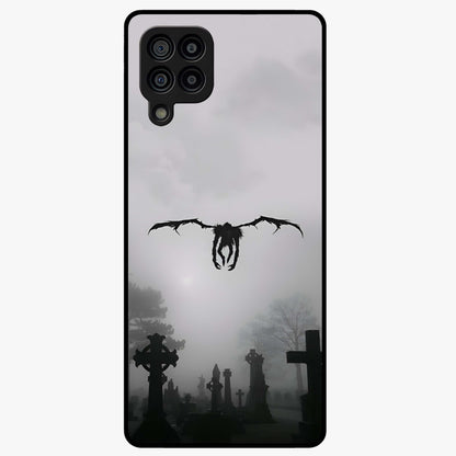 Graveyard Shadow Descent Glass Case showing flat back view with dark graveyard themed artwork and glossy glass finish.