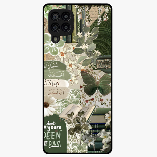 Green Islamic Books Quotes Glass Case showing flat back view with Islamic quotes and book themed artwork and glossy glass finish.