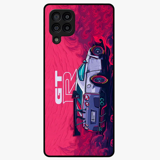 GT-R Car Pattern Glass Case showing flat back view with sporty car inspired pattern artwork and glossy glass finish.
