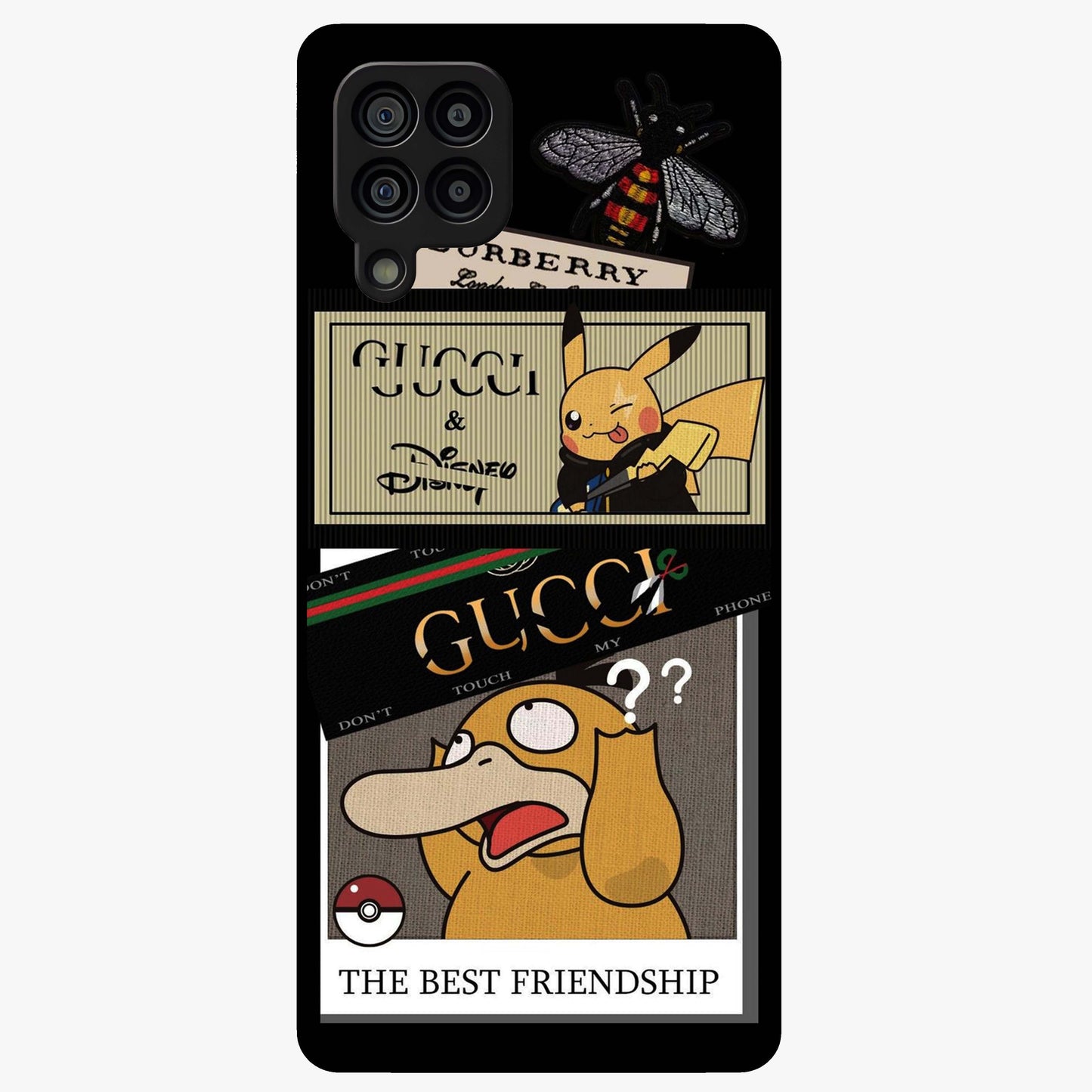 Gucci Play Mashup Glass Case showing flat back view with luxury inspired graphic artwork and glossy glass finish.