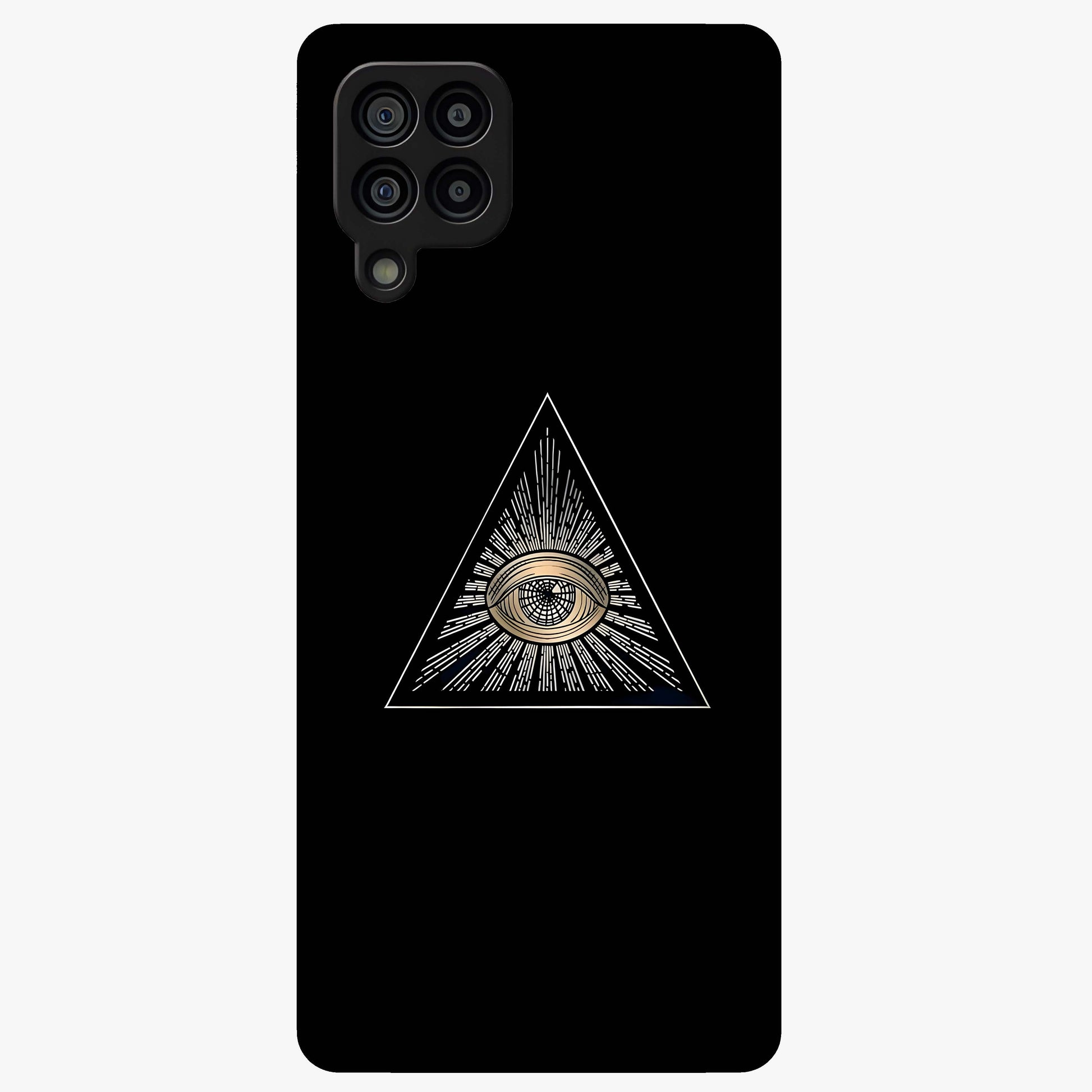 Illuminati Evil Glass Case showing flat back view with mysterious illuminati symbol artwork and glossy glass finish.