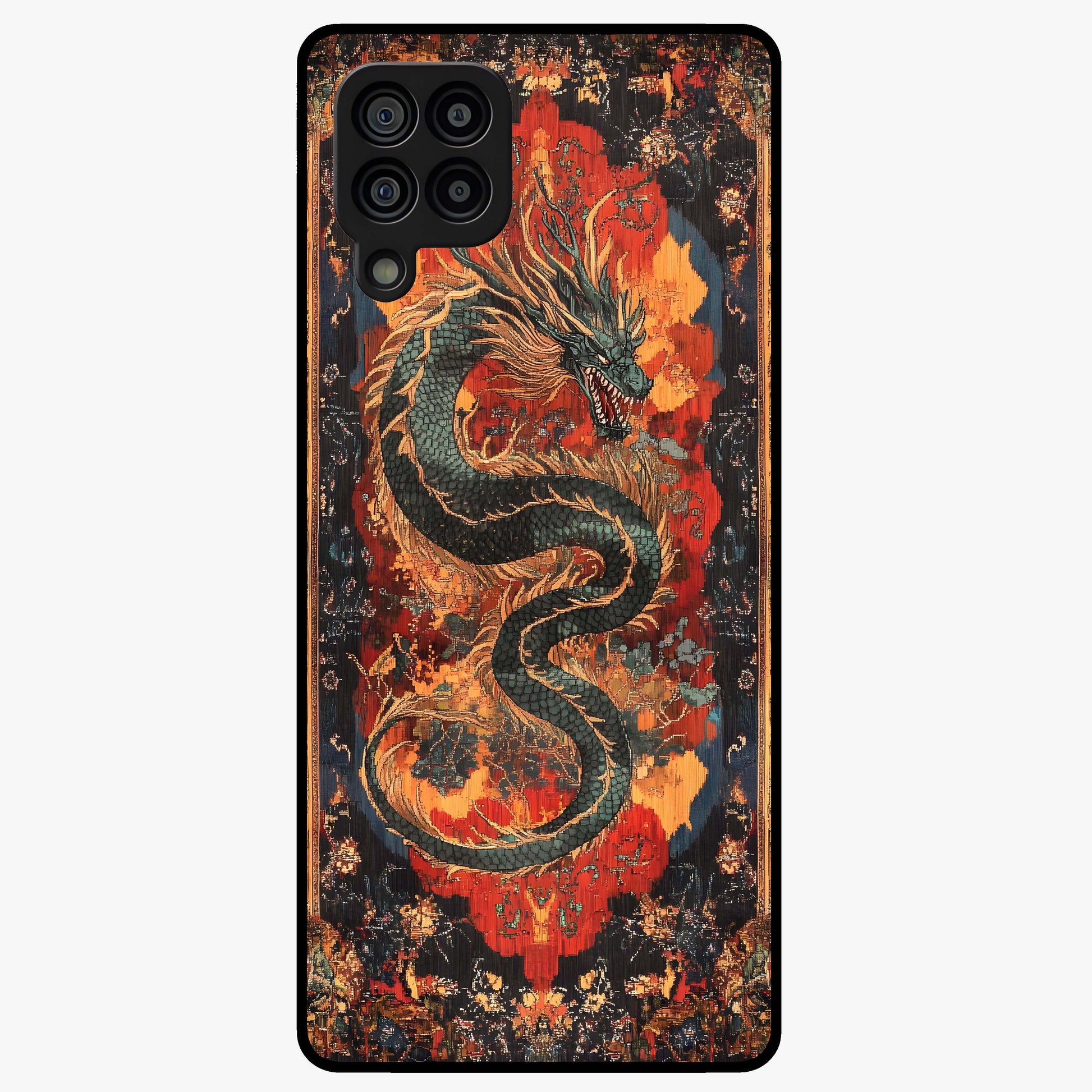 Inferno Dragon Soul Glass Case showing flat back view with fiery dragon artwork and glossy glass finish.