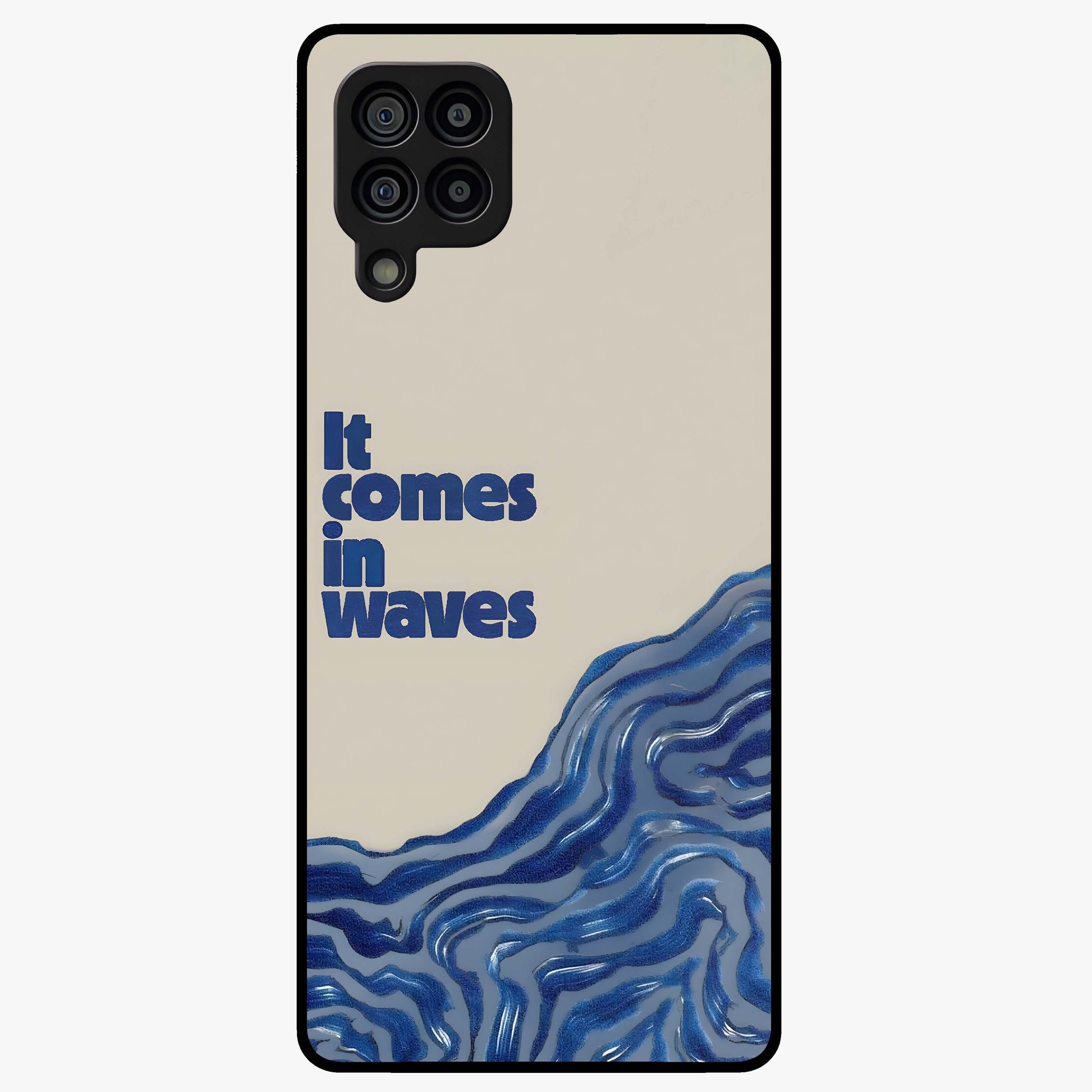 It Comes In Waves Quote Glass Case showing flat back view with inspirational wave themed quote artwork and glossy glass finish.