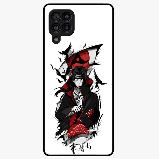 Itachi Sharingan Glass Case showing flat back view with powerful anime eye artwork and glossy glass finish.