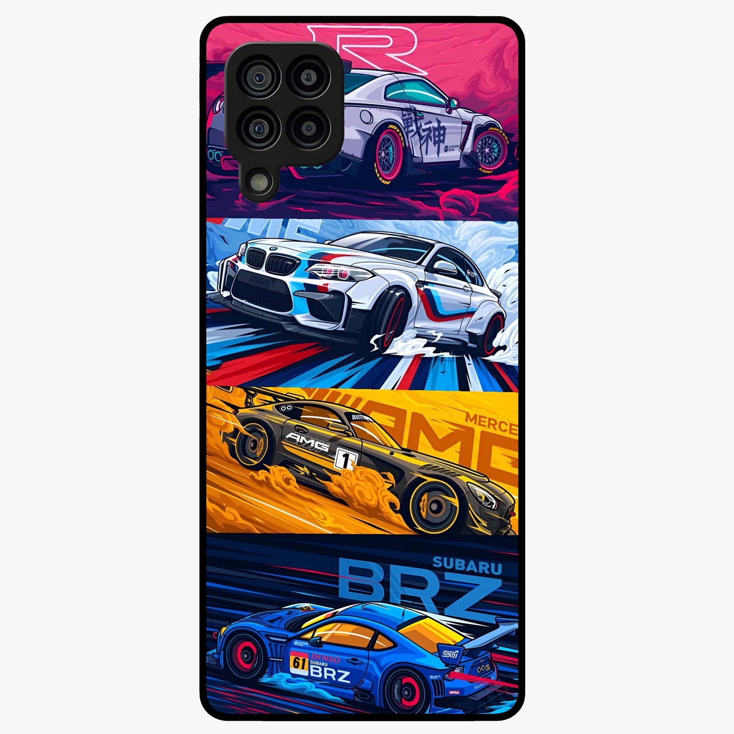 JDM Sports Car Glass Case showing flat back view with high performance sports car artwork and glossy glass finish.