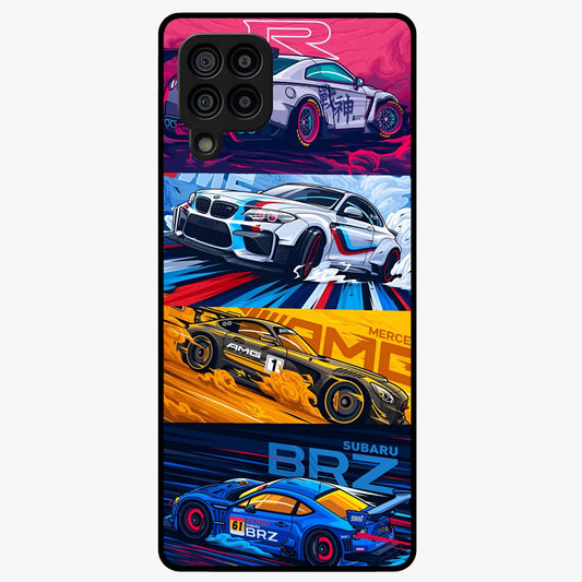 JDM Sports Car Glass Case showing flat back view with high performance sports car artwork and glossy glass finish.