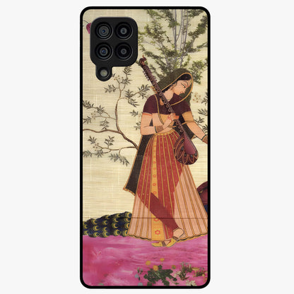 Lady With Veena Art Glass Case showing flat back view with elegant woman playing veena artwork and glossy glass finish.