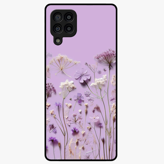 Lavender Blossom Dream Glass Case showing flat back view with soft lavender floral artwork and glossy glass finish.