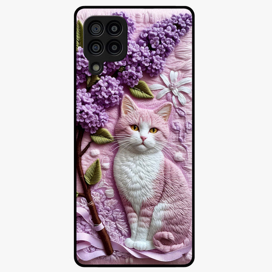Lavender Cat Whimsy Glass Case showing flat back view with cute lavender cat artwork and glossy glass finish.