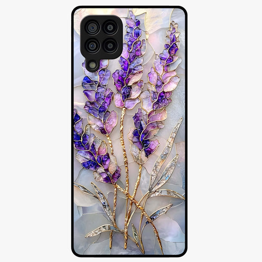 Lavender Dream Glow Glass Case showing flat back view with glowing lavender aesthetic artwork and glossy glass finish.