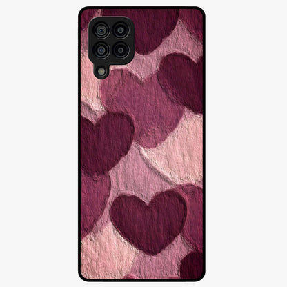 Layered Paper Hearts Glass Case showing flat back view with layered paper heart artwork and glossy glass finish.