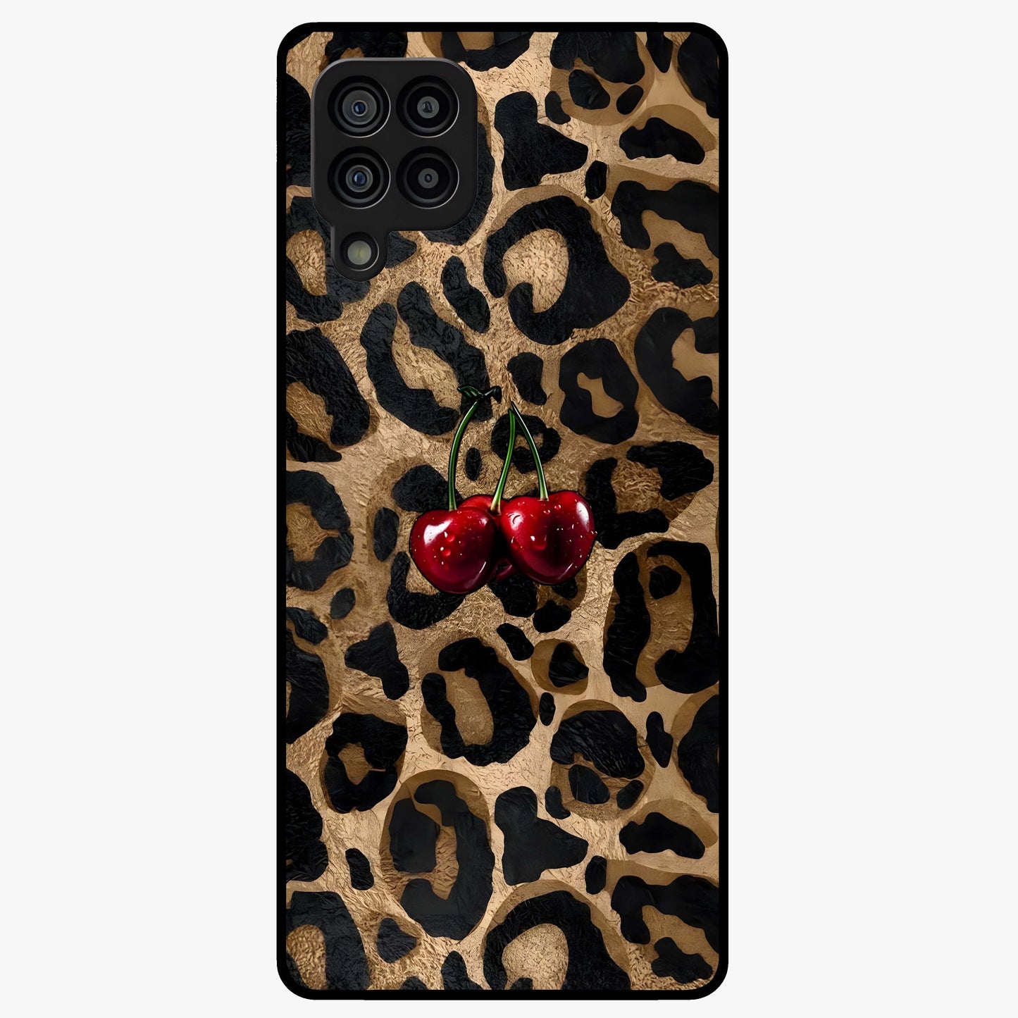 Leopard Wild Cherry Glass Case showing flat back view with leopard pattern and cherry artwork and glossy glass finish.