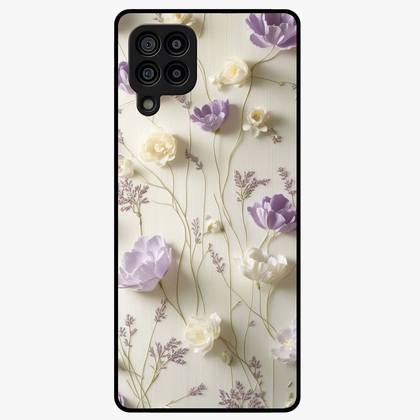 Lilac Breeze Harmony Glass Case showing flat back view with soft lilac themed artwork and glossy glass finish.