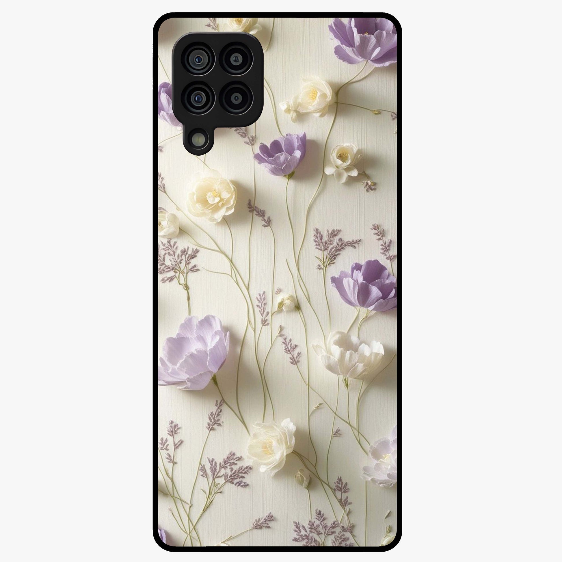 Lilac Breeze Harmony Glass Case showing flat back view with soft lilac themed artwork and glossy glass finish.