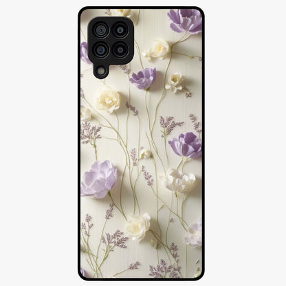 Lilac Breeze Harmony Glass Case showing flat back view with soft lilac themed artwork and glossy glass finish.