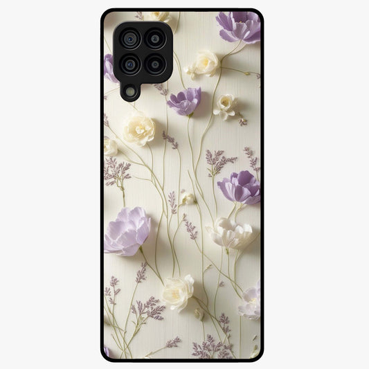 Lilac Breeze Harmony Glass Case showing flat back view with soft lilac themed artwork and glossy glass finish.