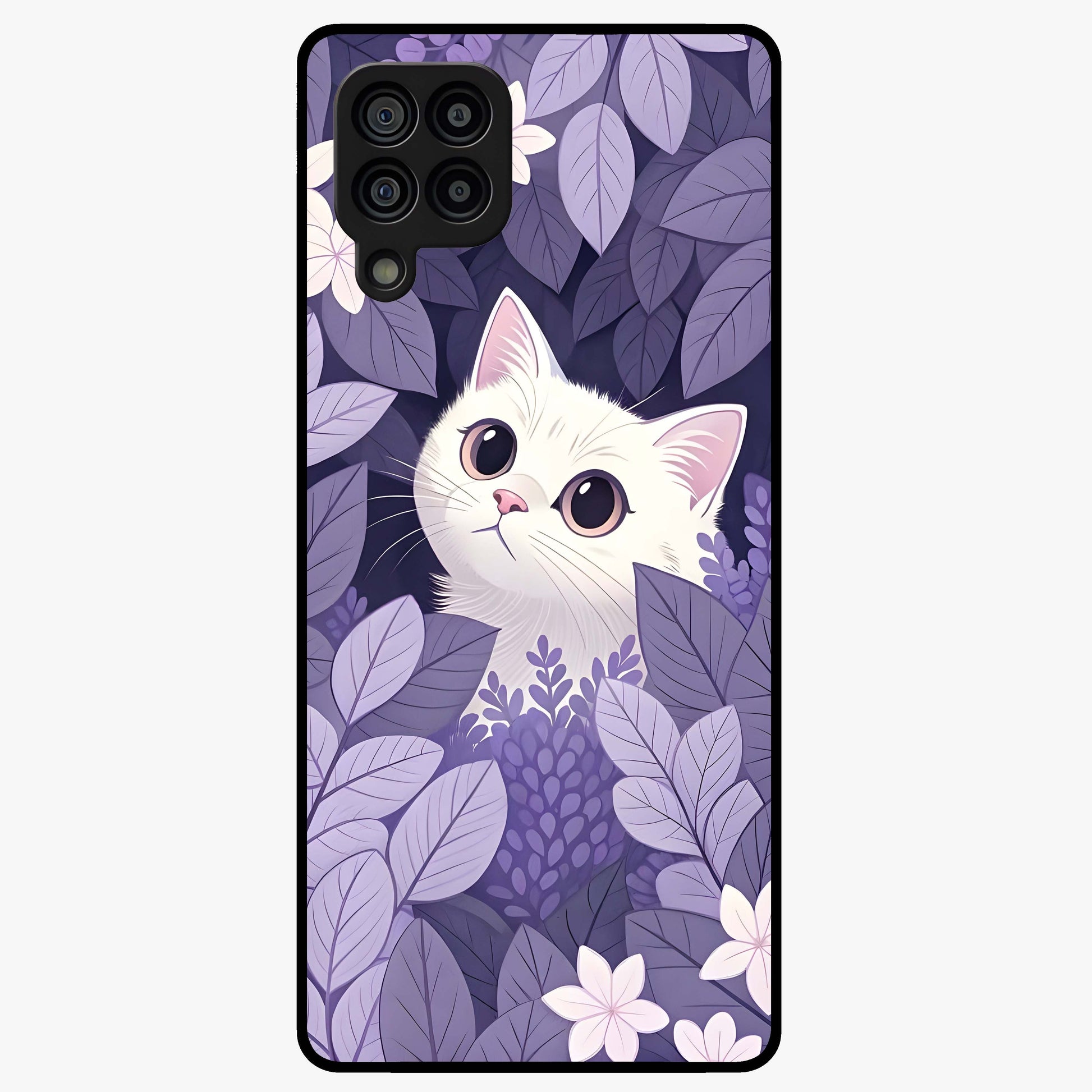 Lilac Hide Peek Cat Glass Case showing flat back view with cute peeking cat artwork and glossy glass finish.