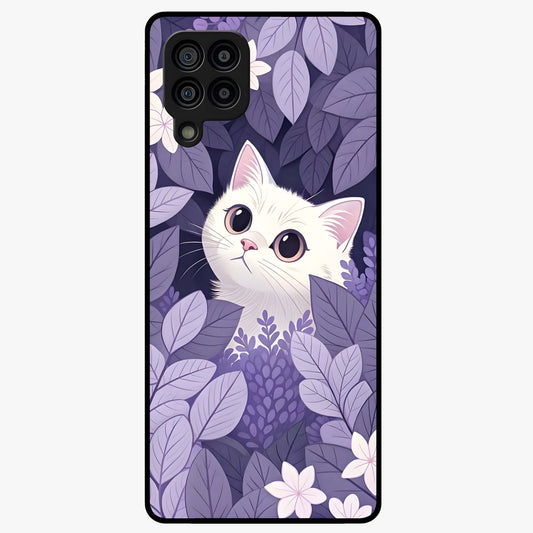 Lilac Hide Peek Cat Glass Case showing flat back view with cute peeking cat artwork and glossy glass finish.