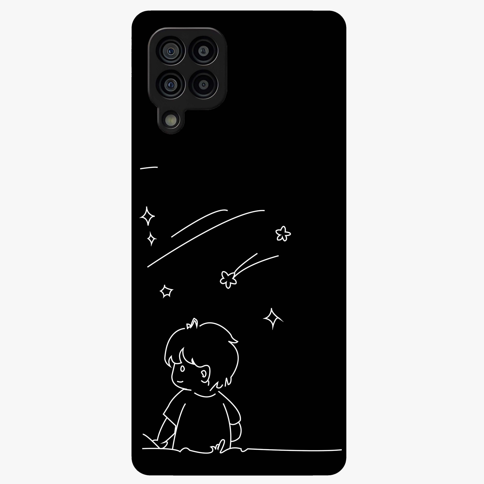 Line Art Boy With Shooting Stars Glass Case showing flat back view with minimal line art boy and shooting stars illustration and glossy glass finish.
