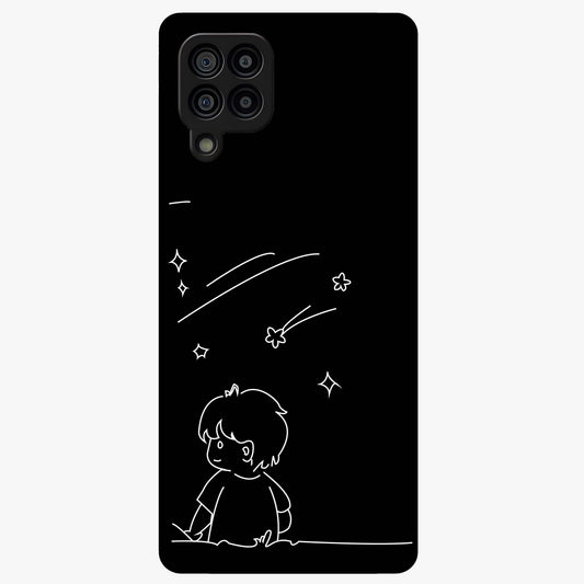 Line Art Boy With Shooting Stars Glass Case showing flat back view with minimal line art boy and shooting stars illustration and glossy glass finish.
