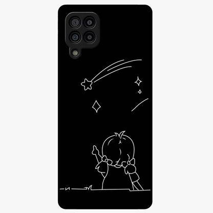Line Art Girl With Shooting Stars Glass Case showing flat back view with minimal line art girl and shooting stars illustration and glossy glass finish.