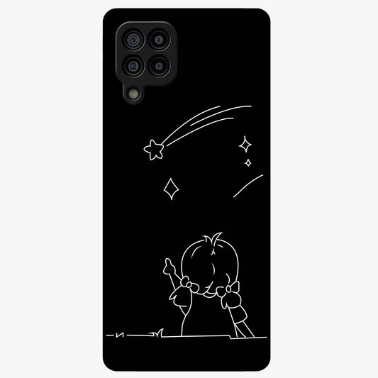 Line Art Girl With Shooting Stars Glass Case showing flat back view with minimal line art girl and shooting stars illustration and glossy glass finish.