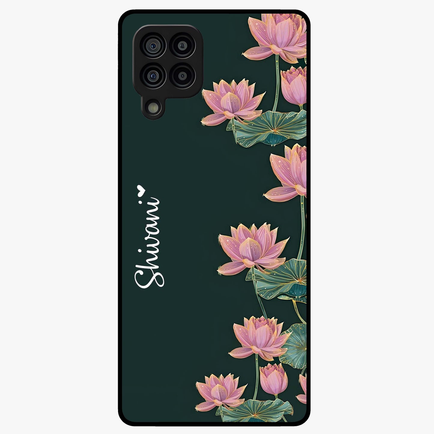 Lotus Bloom Serenity Custom Name Glass Case showing flat back view with elegant lotus flower artwork and personalized name design.