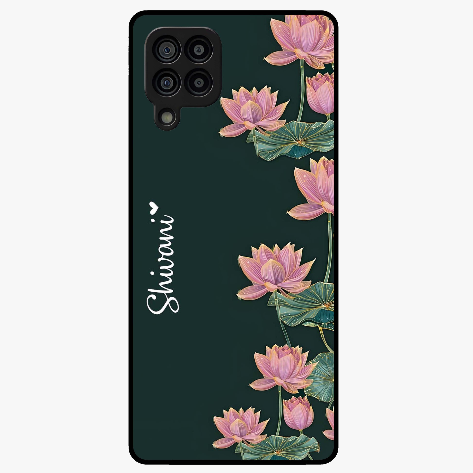 Lotus Bloom Serenity Custom Name Glass Case showing flat back view with elegant lotus flower artwork and personalized name design.
