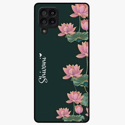 Lotus Bloom Serenity Custom Name Glass Case showing flat back view with elegant lotus flower artwork and personalized name design.