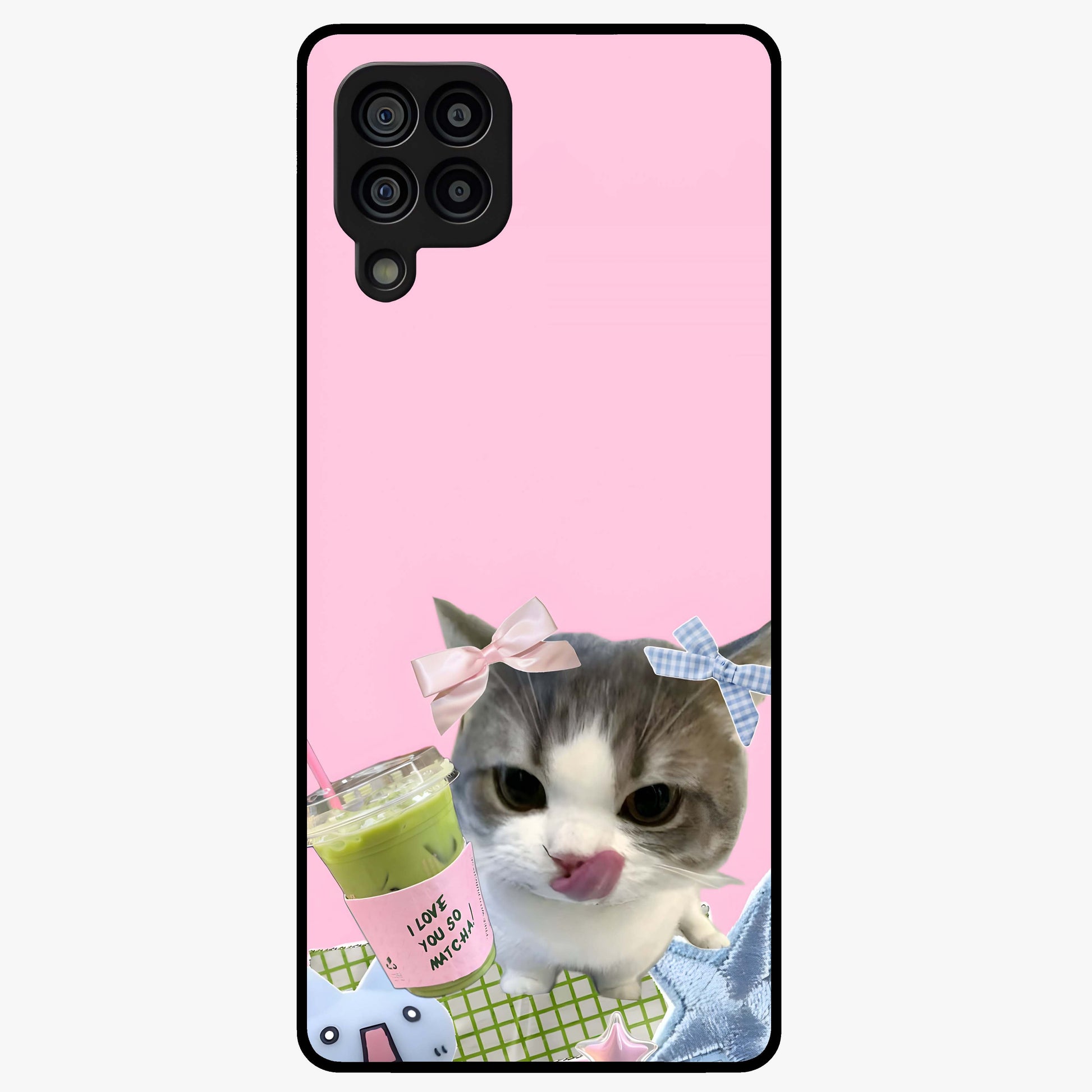 Love Matcha Cat Glass Case showing flat back view with cute cat and matcha themed artwork and glossy glass finish.