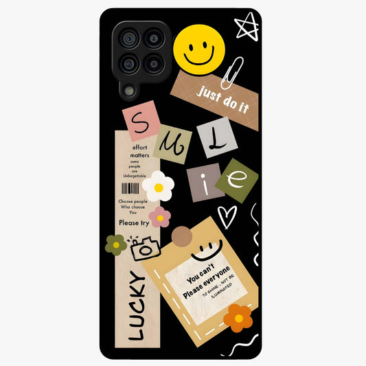 Lucky Aesthetic Collage Glass Case showing flat back view with trendy aesthetic collage artwork and glossy glass finish.