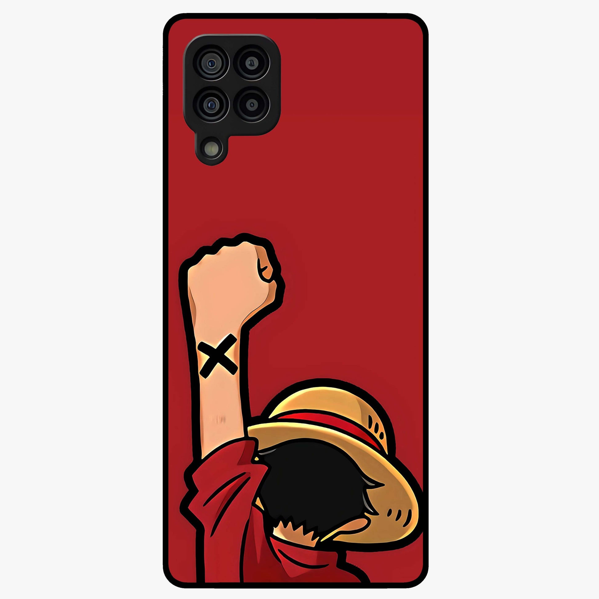 Luffy X Spirit Glass Case showing flat back view with bold anime character artwork and glossy glass finish.