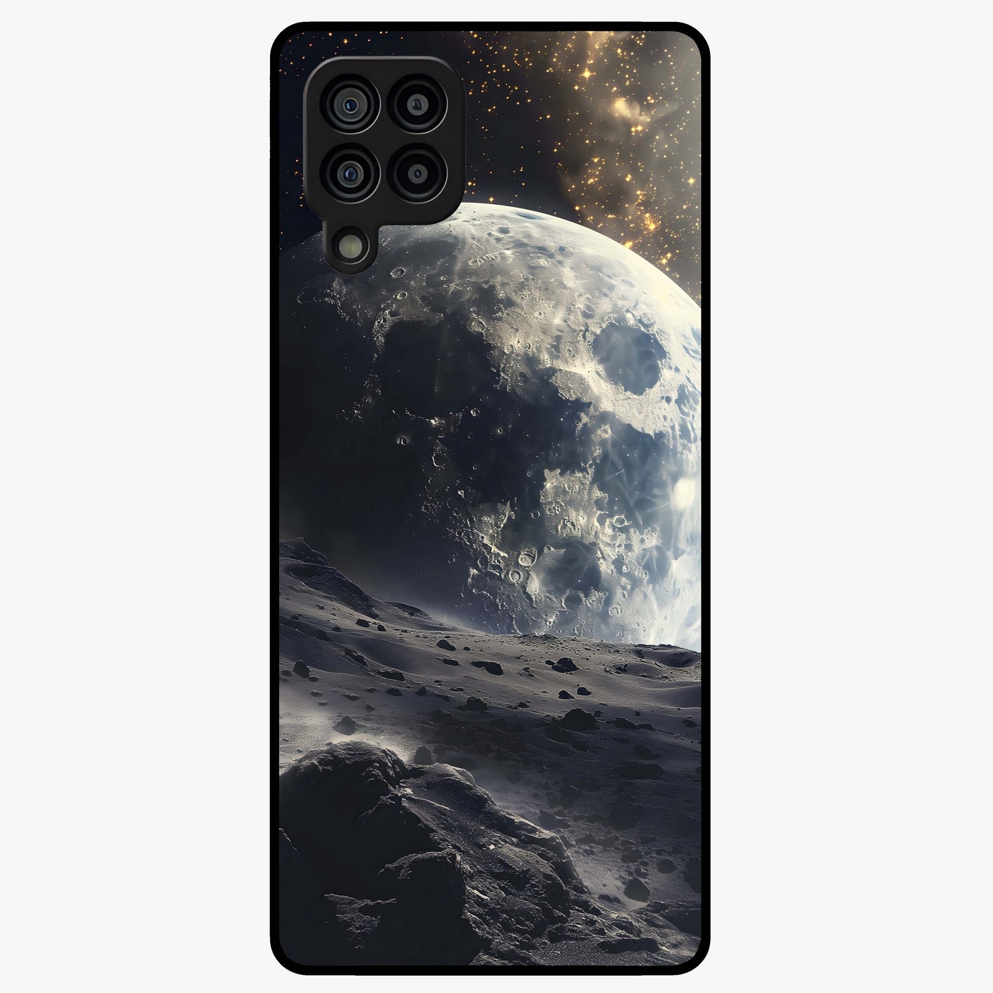 Lunar Horizon Glow Glass Case showing flat back view with glowing moon horizon artwork and glossy glass finish.