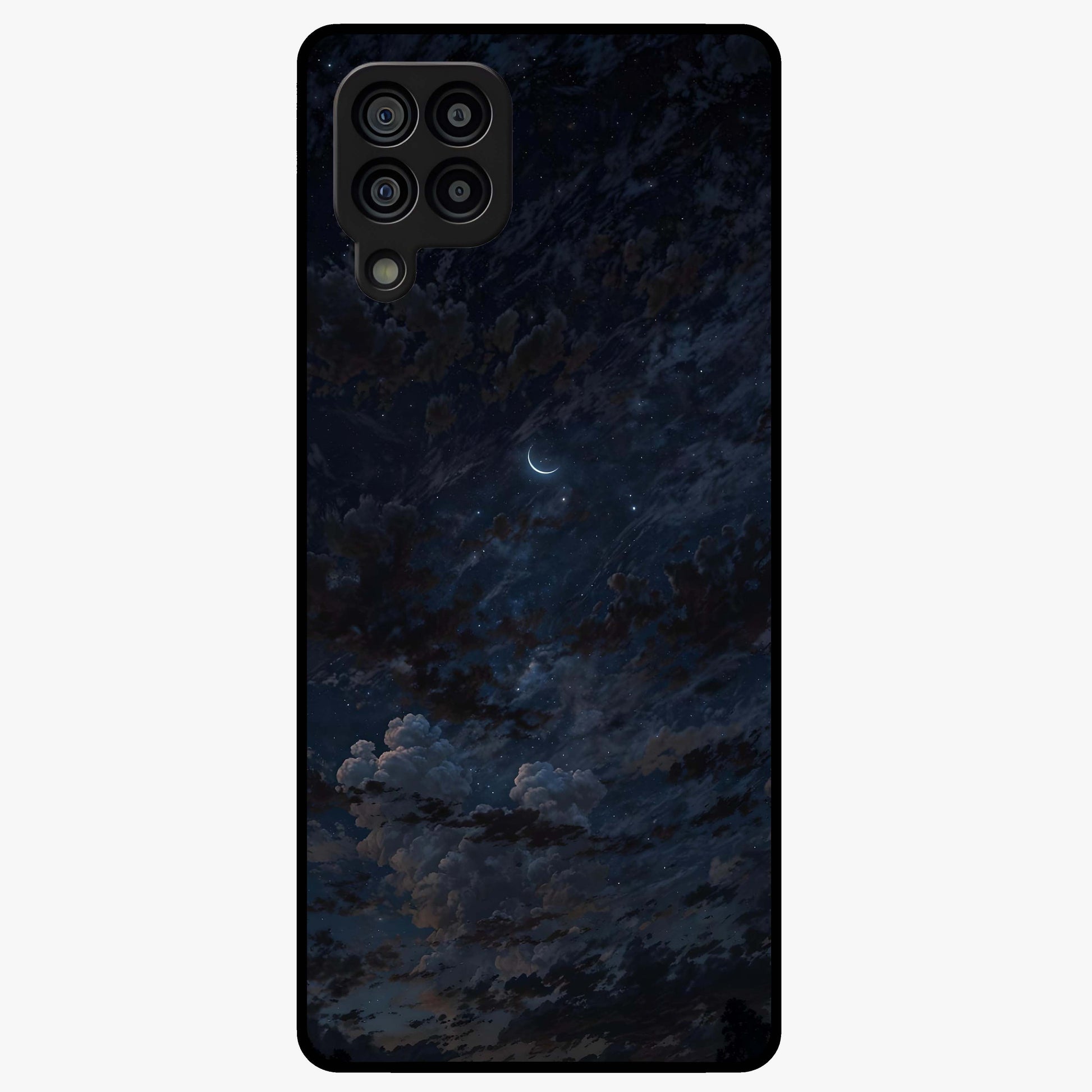 Lunar Veil Silence Glass Case showing flat back view with mystical moon veil artwork and glossy glass finish.