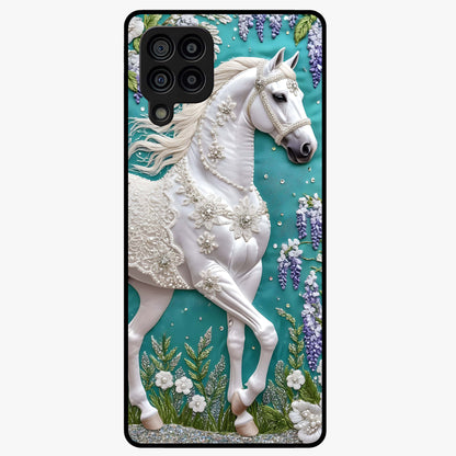 Majestic Floral Stallion Glass Case showing flat back view with powerful horse and floral artwork and glossy glass finish.