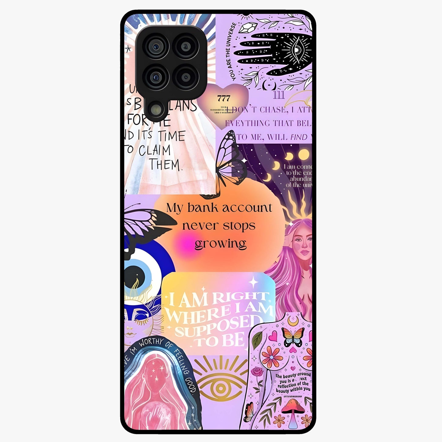 Manifestation Collage Glass Case showing flat back view with motivational collage artwork and glossy glass finish.
