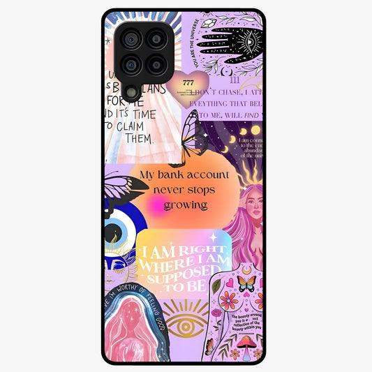 Manifestation Collage Glass Case showing flat back view with motivational collage artwork and glossy glass finish.