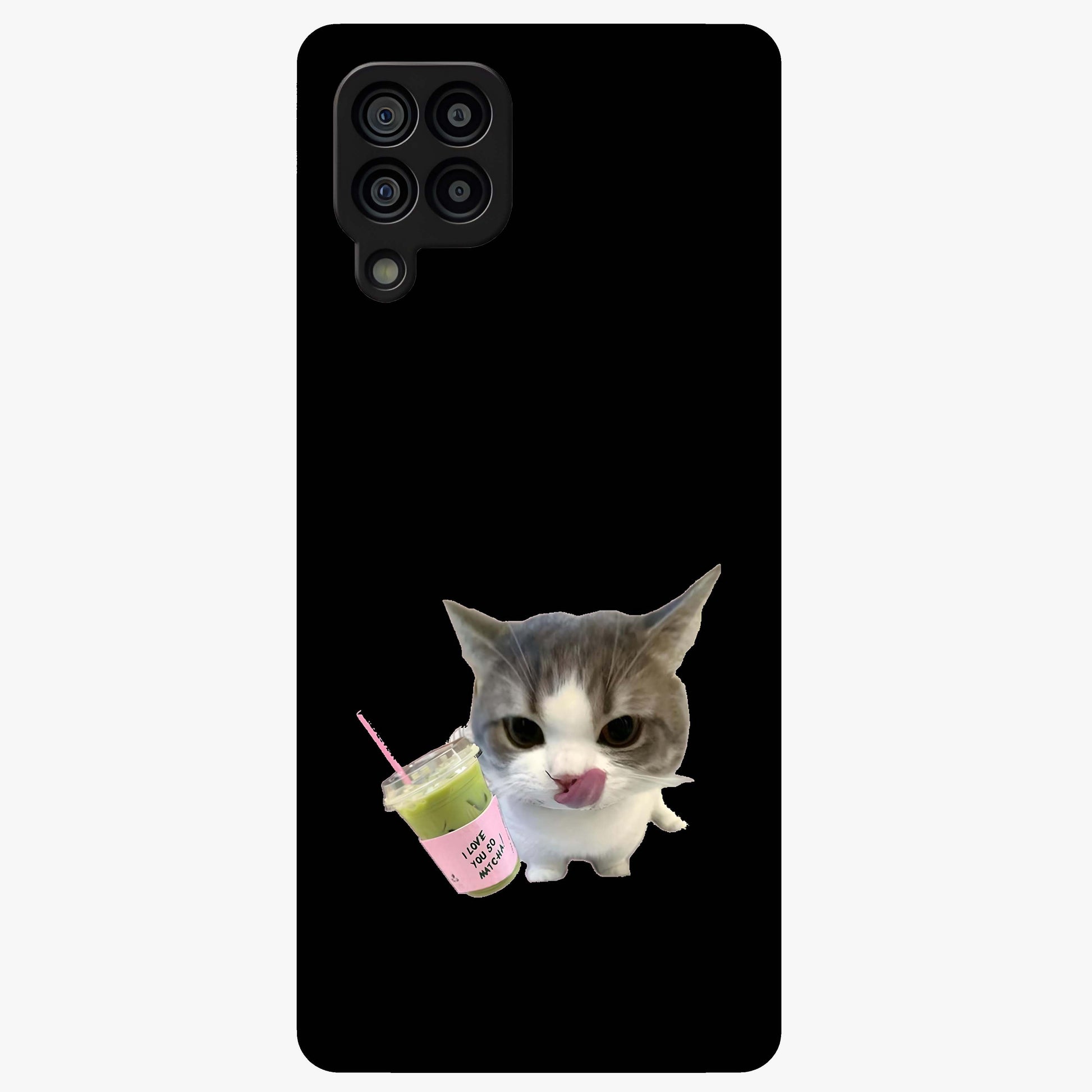 Matcha Cat Style Glass Case showing flat back view with cute matcha themed cat artwork and glossy glass finish.