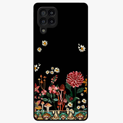 Midnight Bloom Pattern Glass Case showing flat back view with dark floral pattern artwork and glossy glass finish.