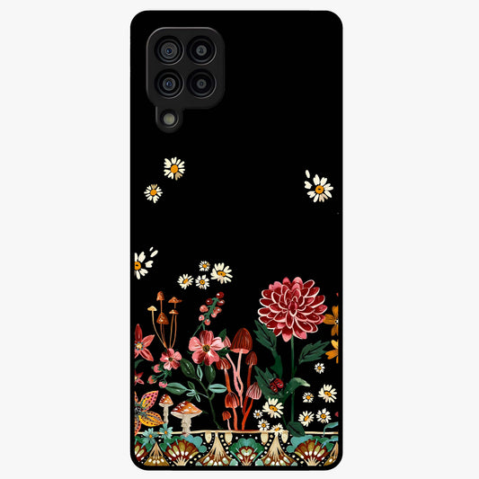 Midnight Bloom Pattern Glass Case showing flat back view with dark floral pattern artwork and glossy glass finish.